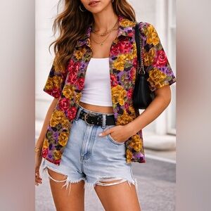 Vintage Gitano Floral Button Down Shirt Large 90s Bold Print Retro Top
